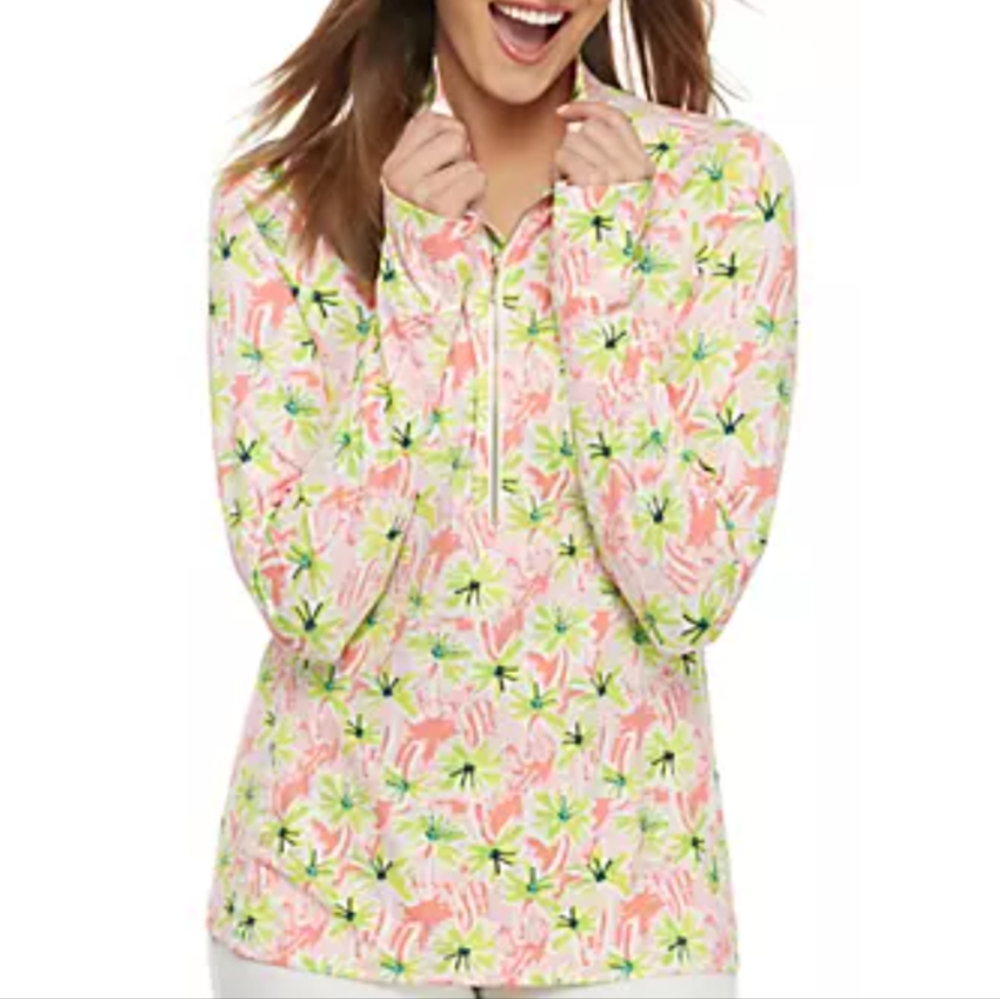 Crown & Ivy Sport M Tropical Palm Tree 1/4 Zip Active Top Golf Tennis Sun Shirt